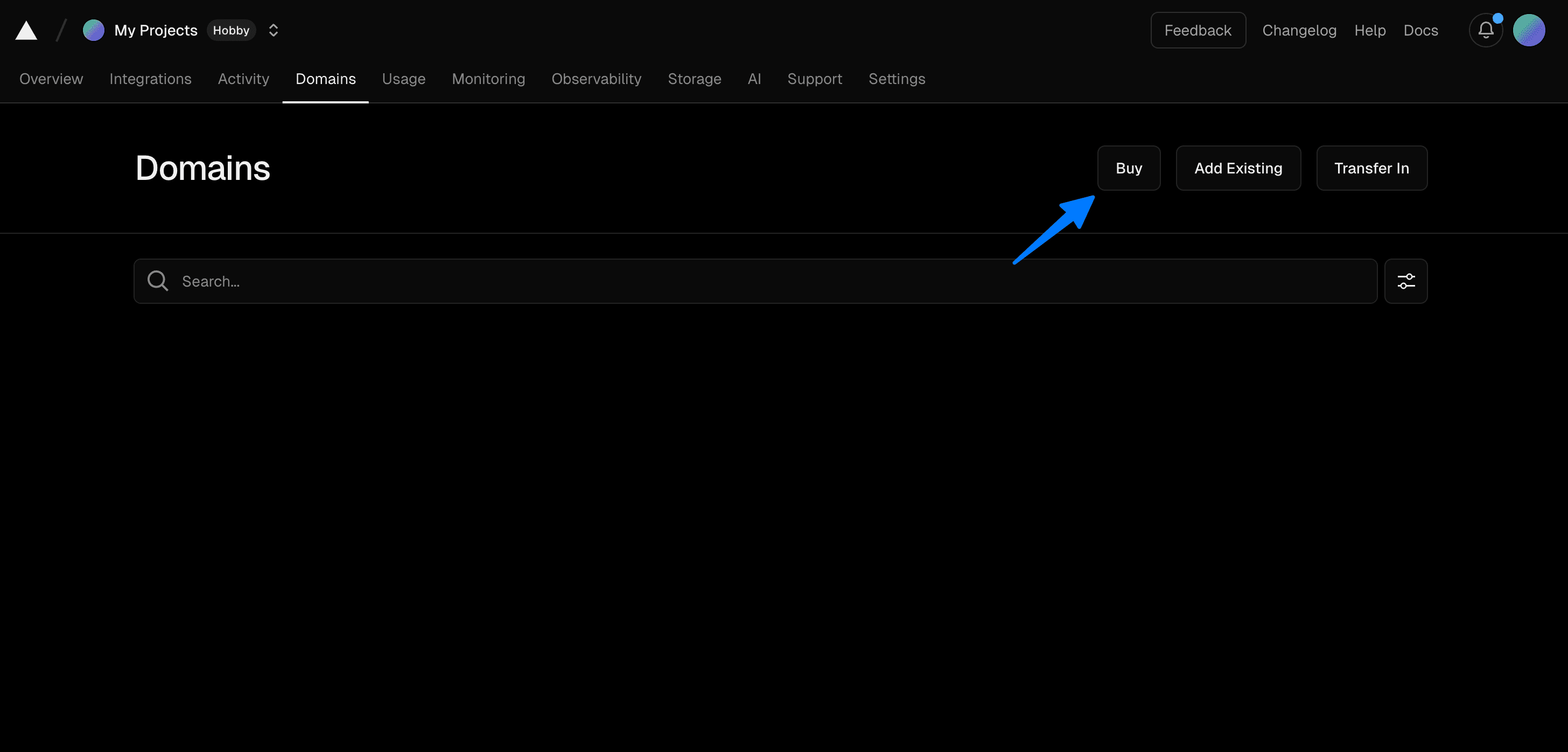 Screenshot showing where the buy button is under domains in Vercel